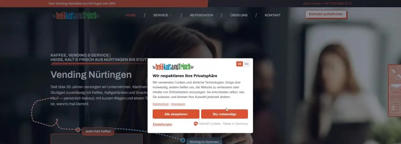 Cookie-Banner von Meindl Cookies auf einer Website mit den Buttons Alle akzeptieren und Nur notwendige