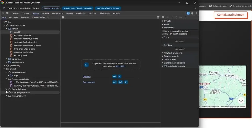 Entwicklertools des Browsers mit der Liste der geladenen Domains