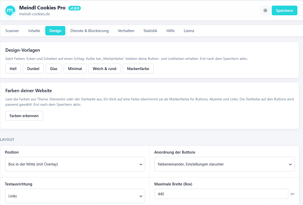 Design-Bereich mit Vorlagen, Layout-Einstellungen und Live-Vorschau des Banners