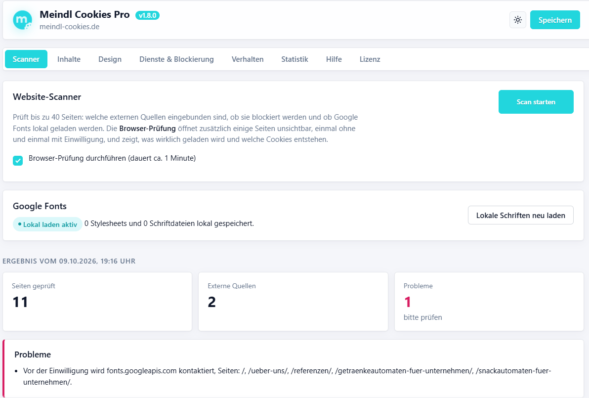 Cookie-Scanner im Plugin: Website-Scan mit Browser-Prüfung und Status der Google Fonts